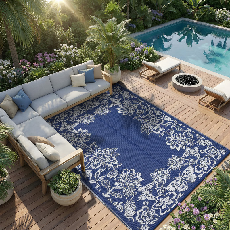 Tapis d'extérieur imperméable avec bordure en plastique - Tapis de pont réversible, résistant aux rayons UV, aux taches et facile à nettoyer pour la cour