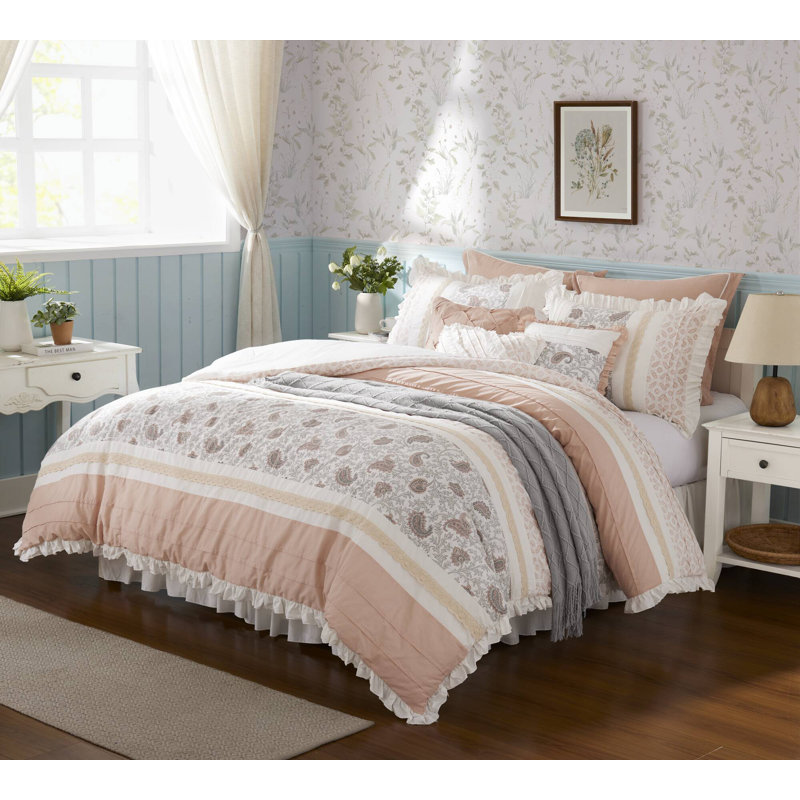 Ensemble d'édredon en percale de coton 9 pièces Dawn, Très grand édredon et 8 pièces supplémentaires, Rougir