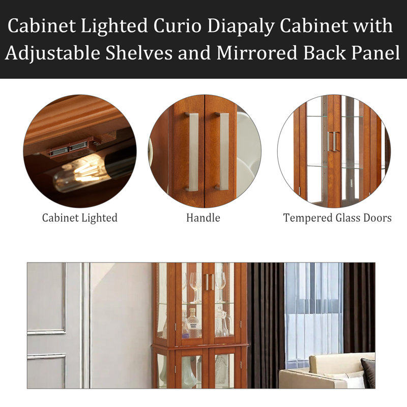 Curio Cabinet Lighted Curio Diapaly Cabinet With Adjustable Shelves And Mirrored Back Panel, Tempered Glass Doors (E26 Light Bulb Not Included)