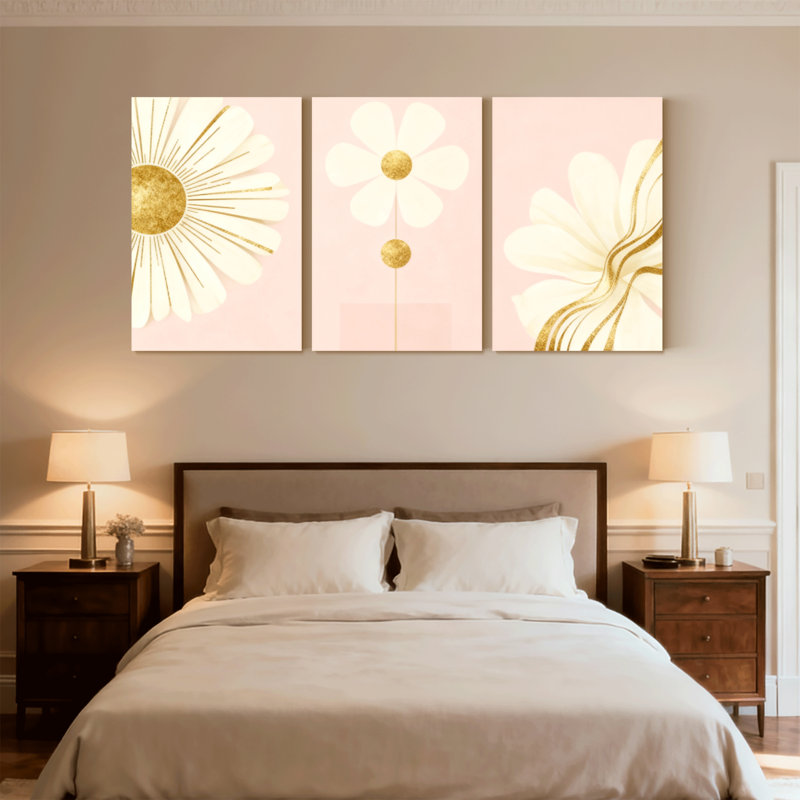 «Abstract Golden Daisy», ensemble de 3 reproductions d'art sur toile, H 24 po x l 48 po