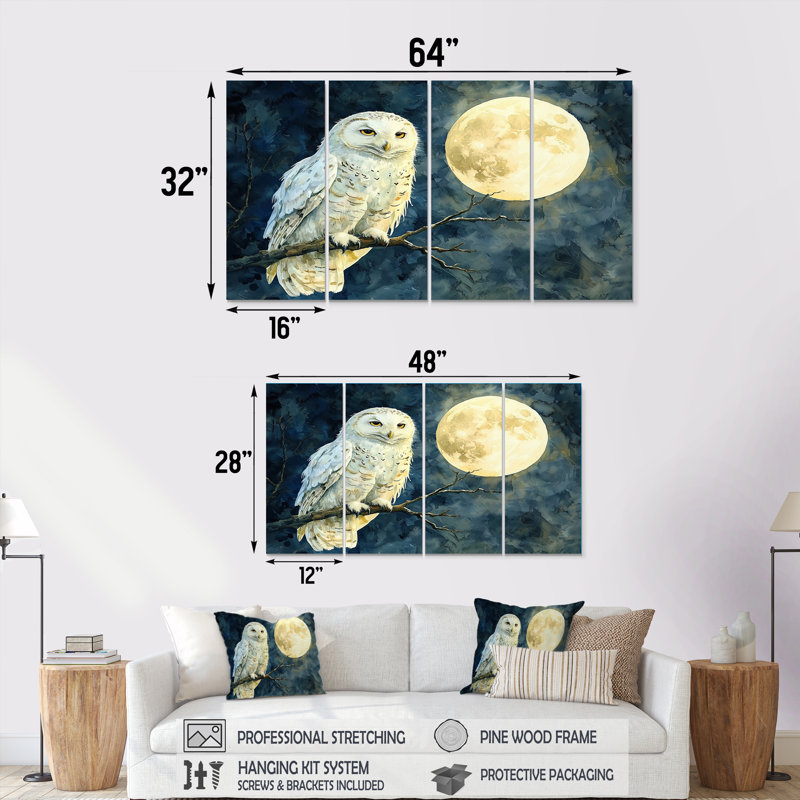 Hibou tranquille au clair de lune - décoration murale animal hibou - art mural moderne, H 28 po x l 48 po