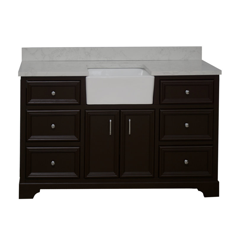 Ensemble de meuble-lavabo simple 60 po Emiliano, Chocolat, Carrara d'ingénierie