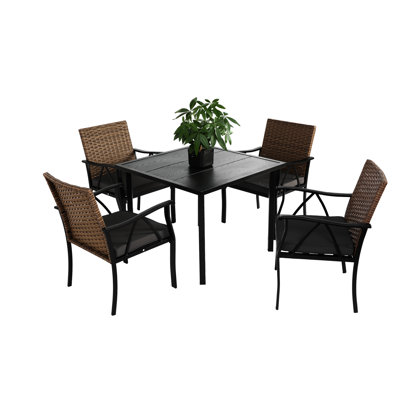 5 Outdoor Table And Chairs - Elegant Patio Dining With Square Steel Tabletop Umbrella Hole For Backyard Front Porch Comfortable Balcony