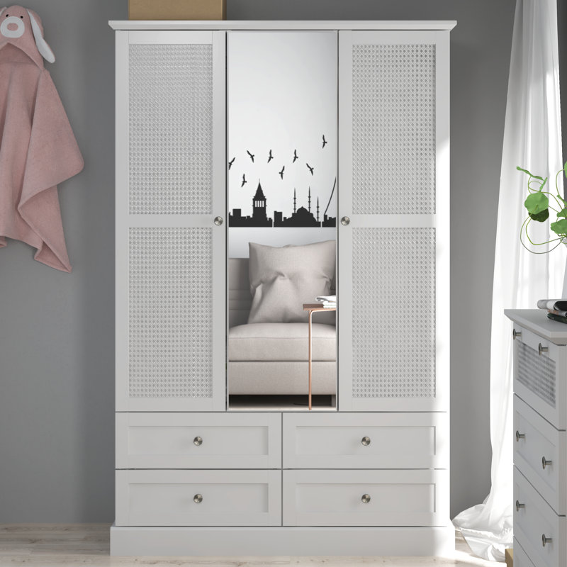 Katalina 3 Door 4 Drawer Wardrobe With Mirror, White