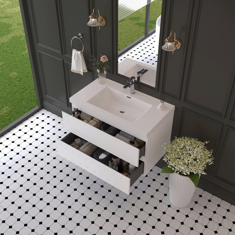 Meuble-lavabo suspendu de 91 cm avec lavabo, meuble de rangement mural moderne avec lavabo en surface solide et tiroirs à fermeture amortie, entièrement assemblé, blanc brillant