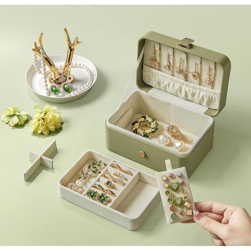 Jewellery Box, 2 Layer Travel Storage Case, 11 x 16 x 8 cm, Laurel Green