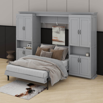Concealed Full-Size Wall Bed Featuring Dual Sliding Storage, Integrated Design, And Dual 6-Level Side Shelving Units