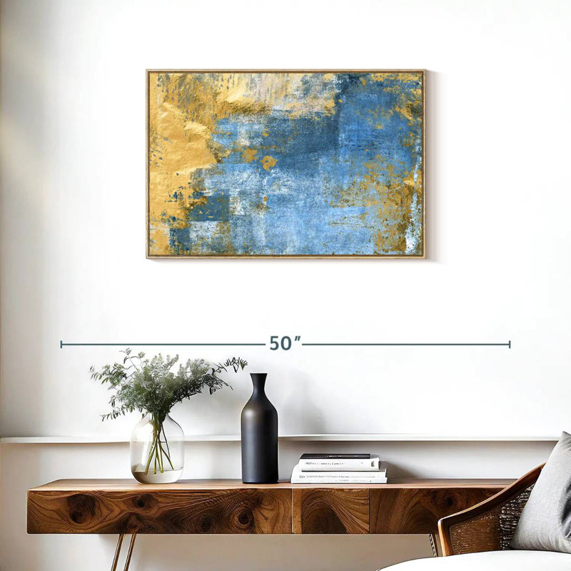 Gold And Blue Lindell, Floating Frame Natural Wood, 31" X 21"