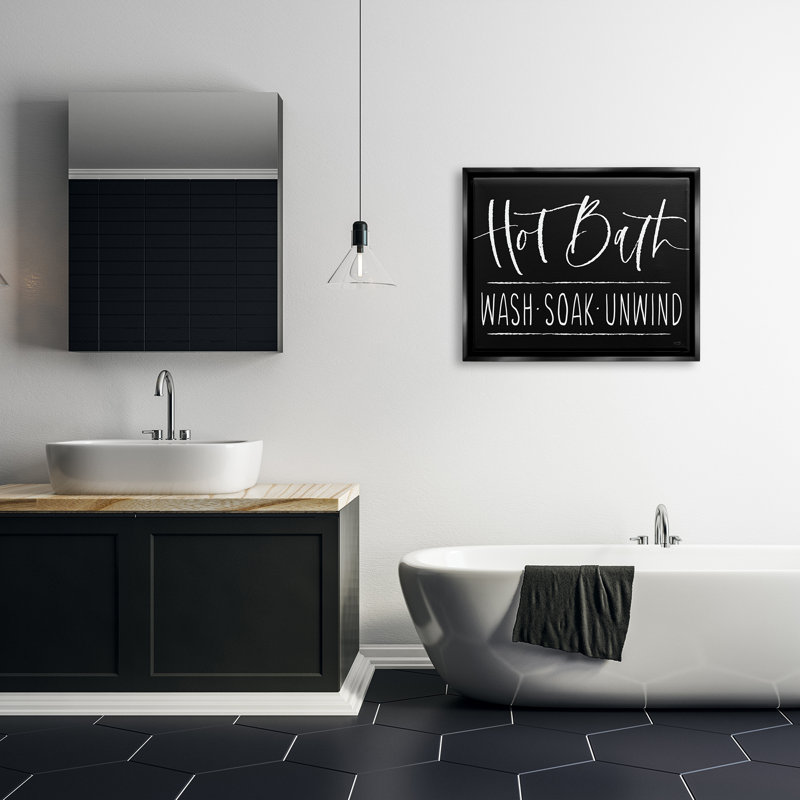 «Hot Bath Wash Soak Unwind Bathroom» par Lisa Dearing, art textuel sur toile tendue, Cadre flottant noir de jais