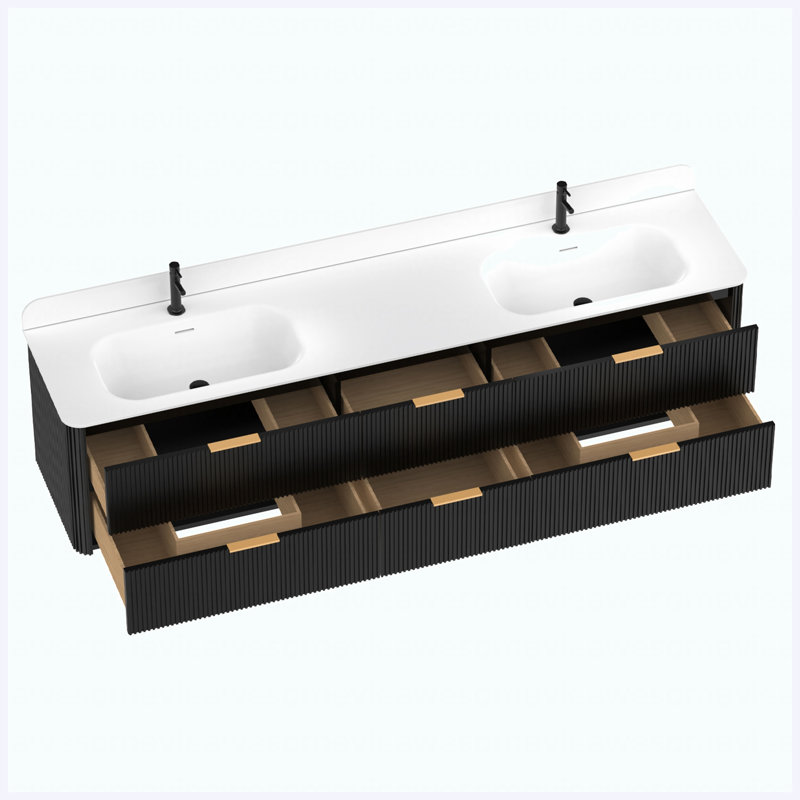 84" Freestanding Double Sink Bathroom Vanity with Integrated Sink, Fluted Black Oak Finish, Gold Hardware