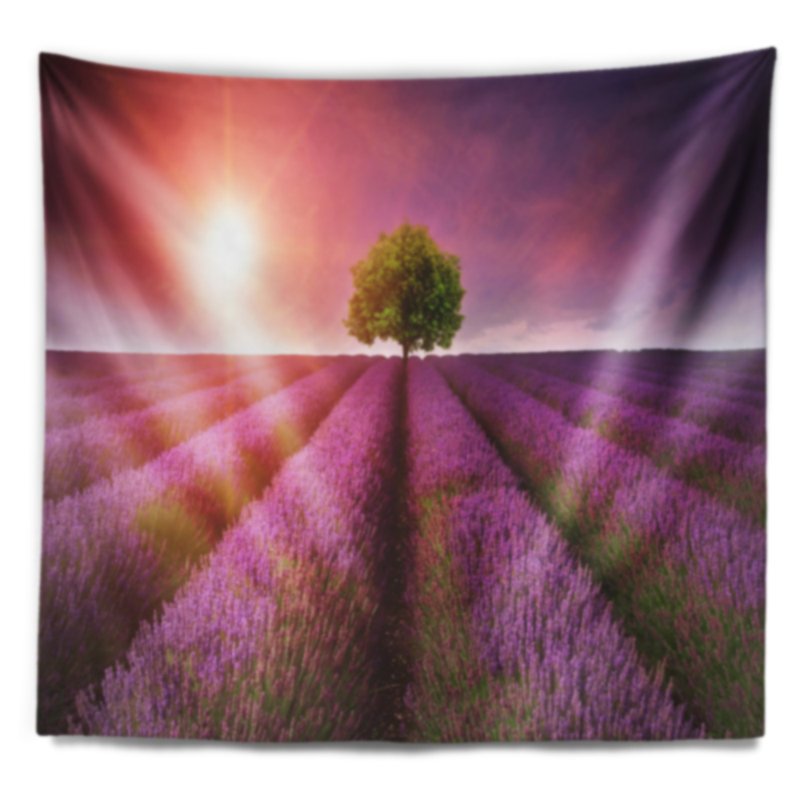 Motif floral mauve sur fond de champ de lavande, H 78 po x l 92 po