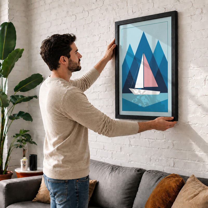 Sailboat at Dusk Coastal - Framed Print, A4 - 29.7 x 21.0 cm, Black