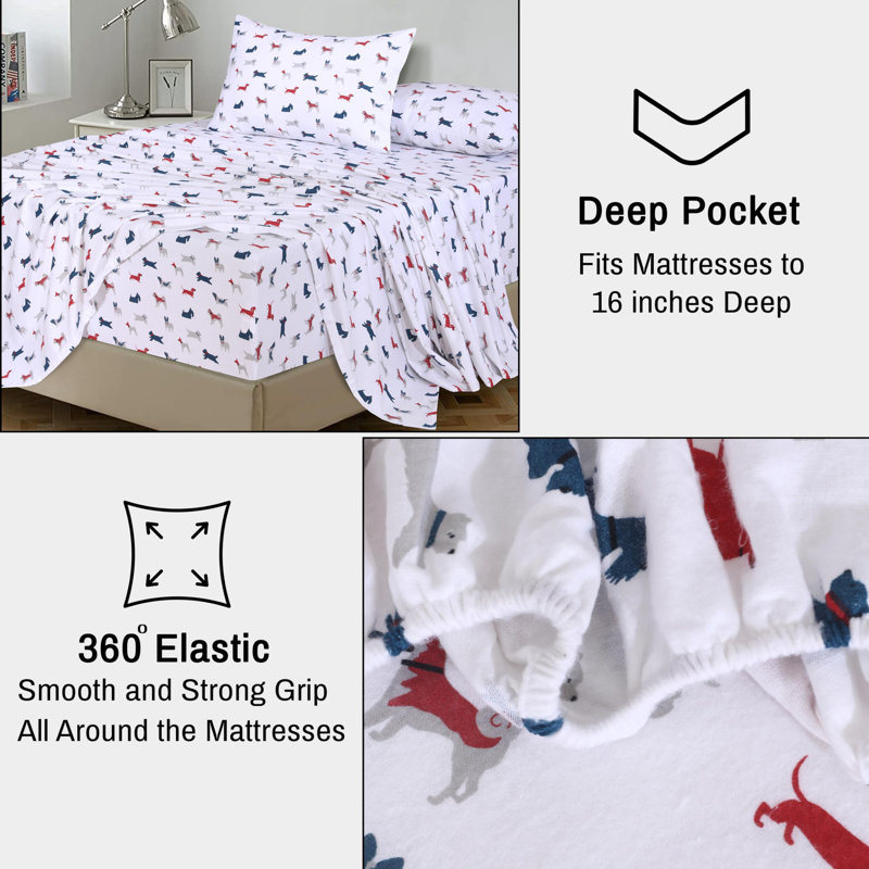  100% Cotton Flannel Sheets Set 4 Piece Warm Cozy Fall Sheets 16 inch Deep Pocket Bed Sheets, King, Doggy Day Out Floral