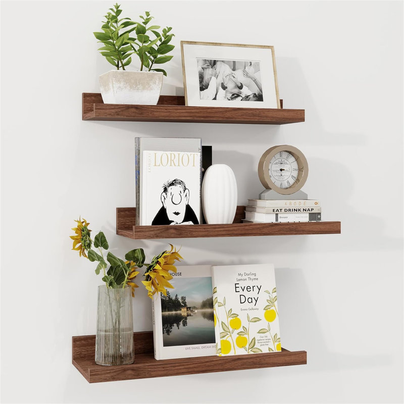 Rustic Floating Shelves Set of 3 with Lip, Picture Ledge Shelf for Nursery, Living Room – Multipurpose Storage Organizer, Bookshelf, & Photo Display Rack Walnut