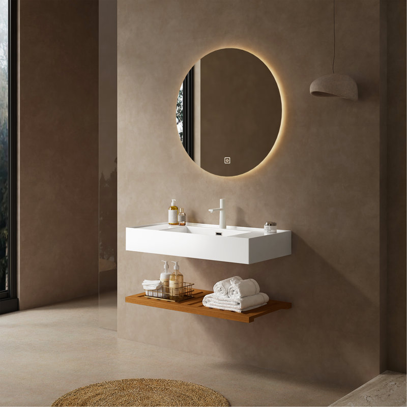 Meuble-lavabo de 36 po avec lavabo vasque, lavabo intégré mural flottant rectangulaire en acrylique blanc sans robinet, tablette rayée, couleur grain de bois noyer foncé