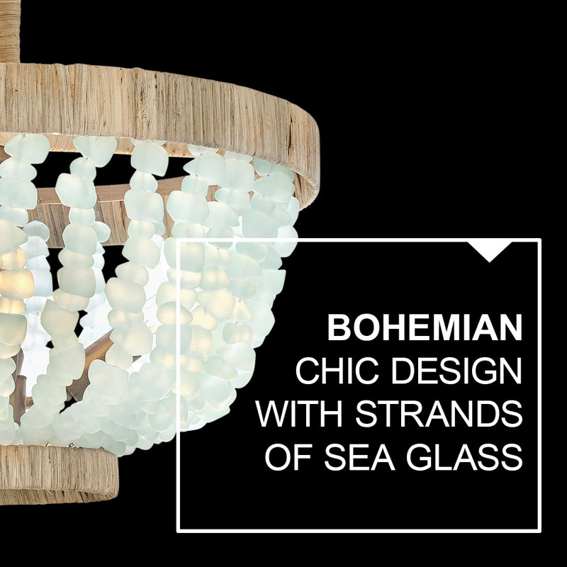 Burnished Gold Bohemian LED Bowl Light with Blue Sea Glass