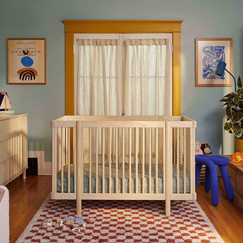 Blonde Pine Wood Convertible Crib with Rounded Spindles