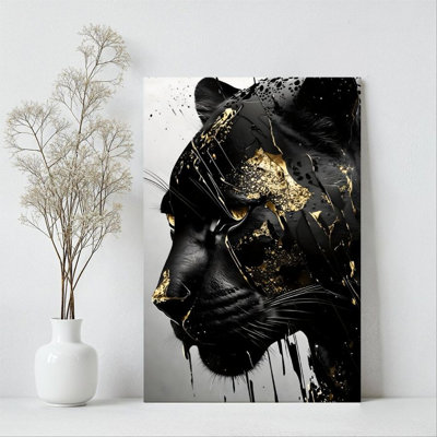1Pc Framed Canvas Poster Print Black Panther, golden patterns, abstract art style Wall Art Wall Pediments, Wall Decor, Perfect for Room Decor Living R