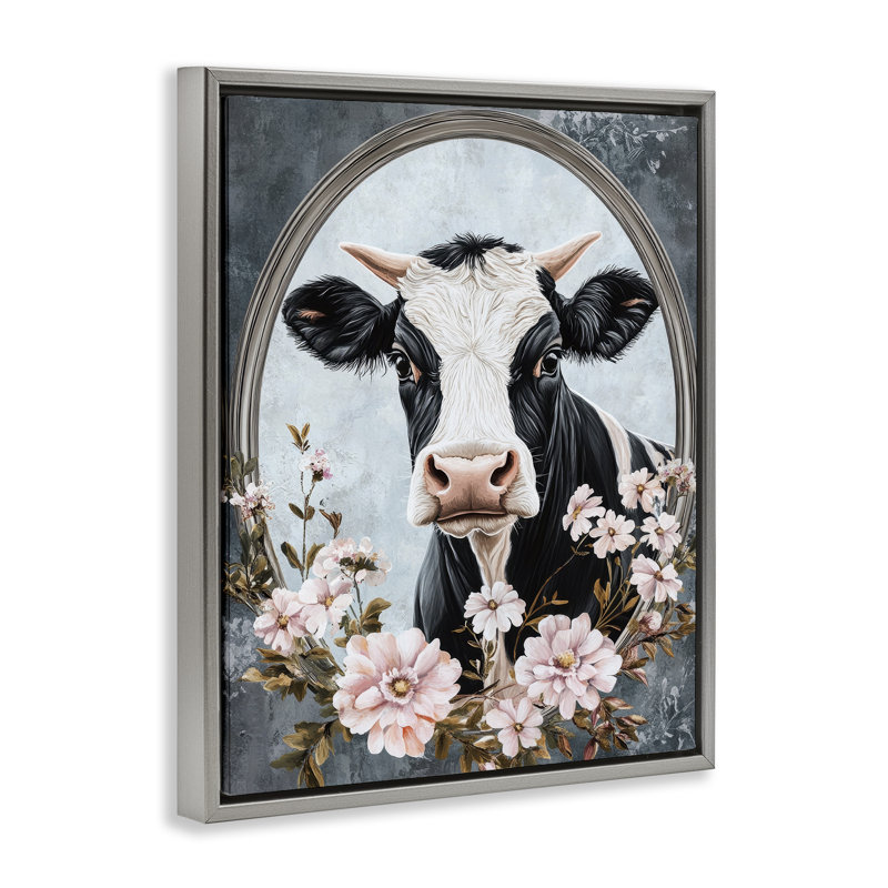 Cadre flottant à fleurs et vaches à cornes, H 21 po x l 17 po, Cadre flottant gris lustré