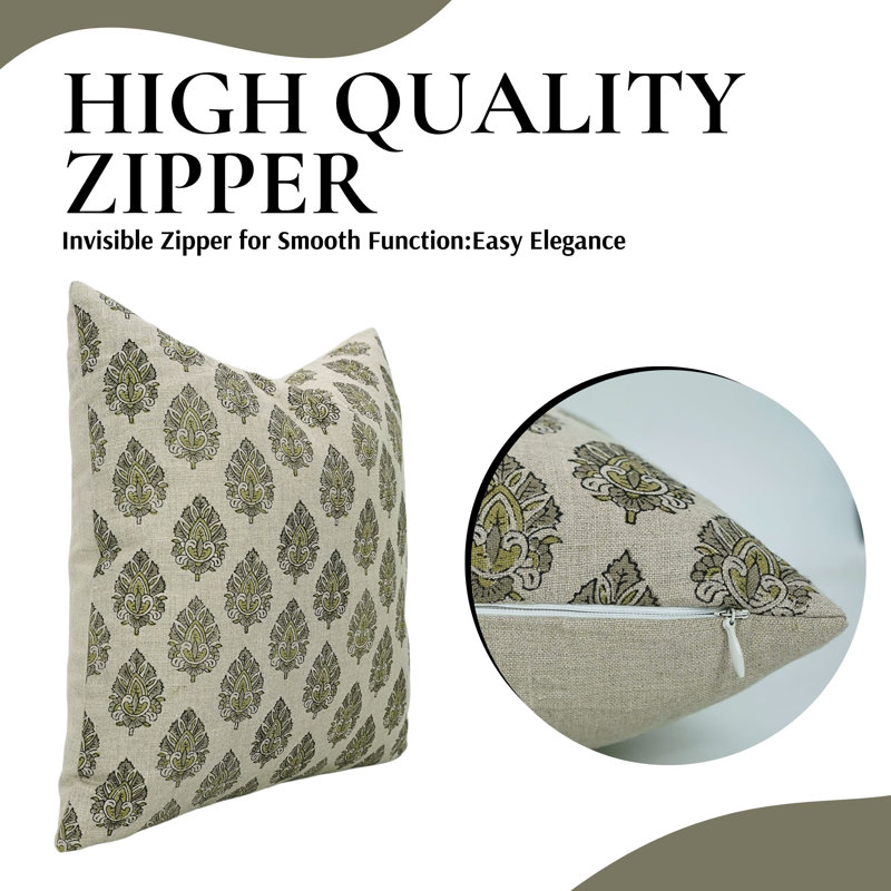 Coussin décoratif en lin imprimé à la main à motif de blocs de feuilles de Betal pour canapé, canapé et décoration intérieure