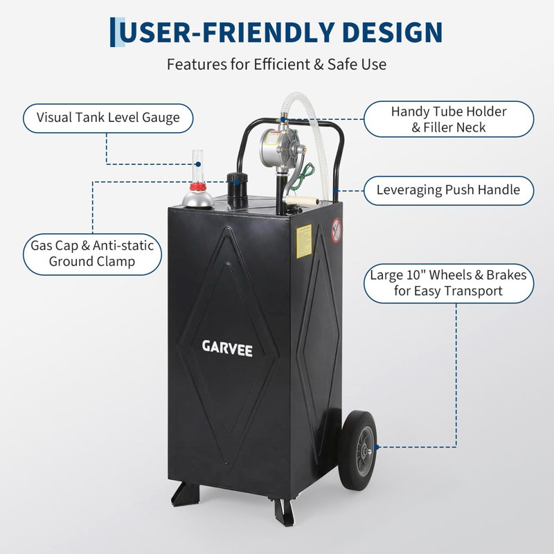 Chariot à carburant portatif 30 gallons avec pompe rotative, réservoir d'essence et de gazole anti-dégâts avec 2 roues et boyau