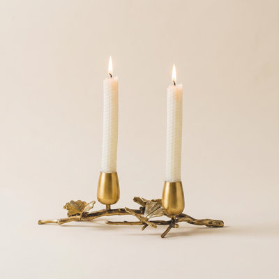 Porte-bougie en laiton - Porte-bougie double feuille et branche de ginkgo rétro, centre de table botanique doré antique