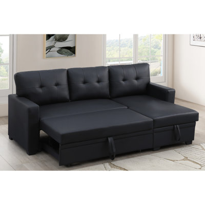 Convertible Upholstered 4 - Seat Sectional With Pull Out Chaise And Storage In Black Linen, Removable Back Cushions, Twin Size Sleeper For Hosting Guests, 82 Wide, 53 Deep, 34.5 High, 190.5 Lb