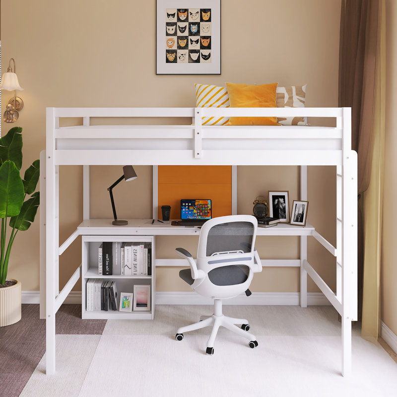 Lit mezzanine à structure en bois avec bureau et tableau d'écriture, Lit double, Blanc