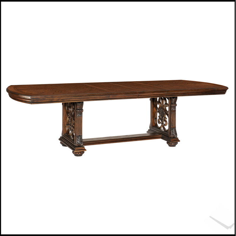Table de salle à manger extensible traditionnelle avec frontons décoratifs - placage de chêne, finition chêne foncé, 8 places (table seulement)