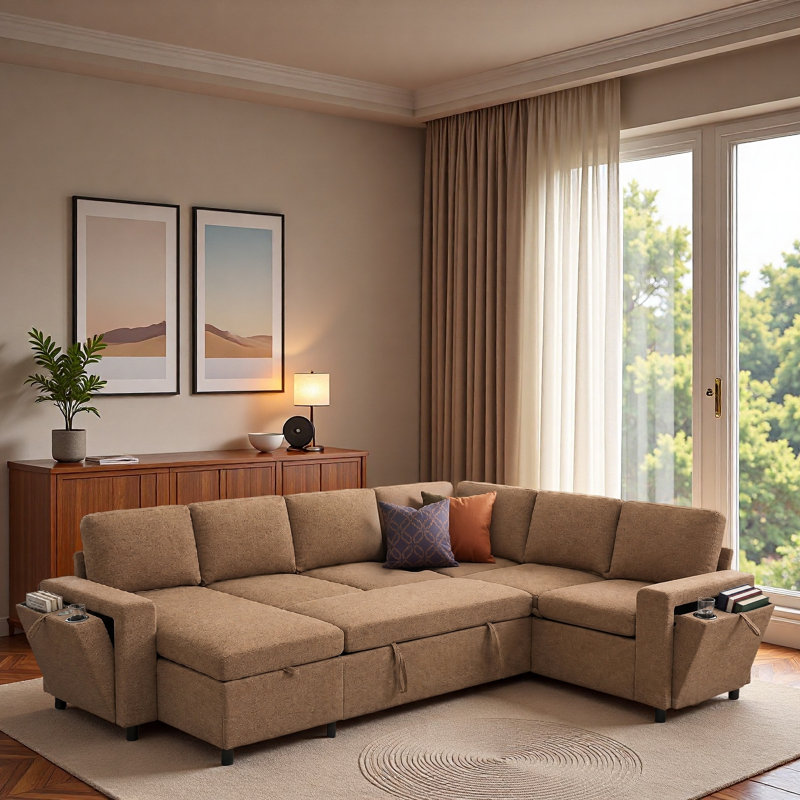 Canapé-lit modulaire en U convertible avec rangement, ports de chargement USB et porte-gobelets, Brown Chenille