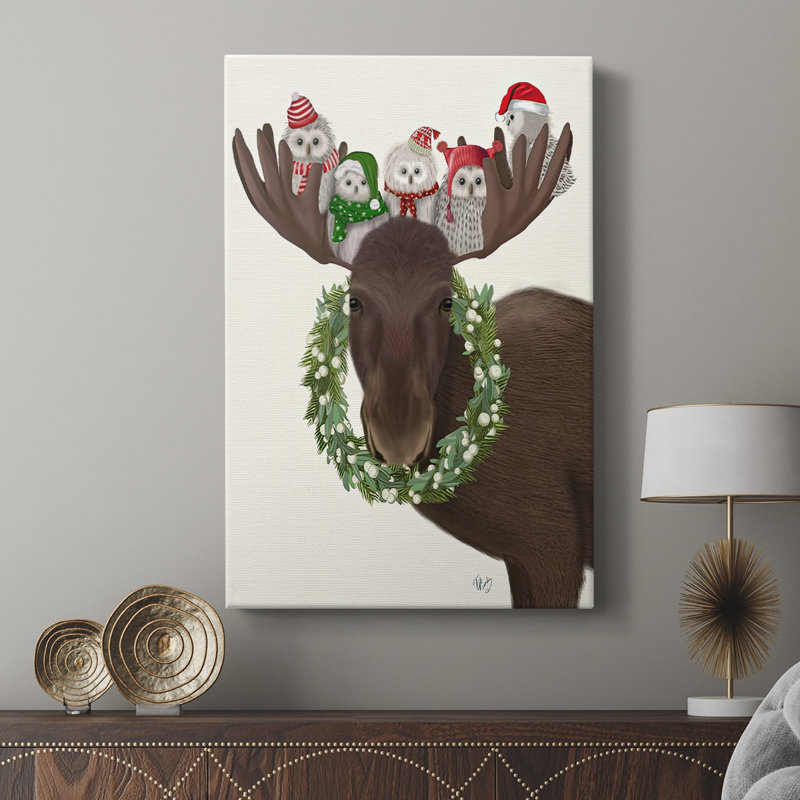 Orignaux de Noël et hiboux de Noël - Cavas de la galerie sur mesure, H 36 po x l 24 po