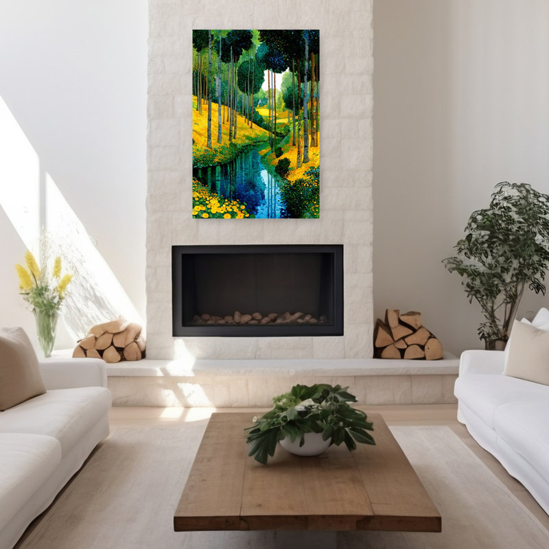 Fleur jaune, ruisseau de forêt paisible, paysage serein de forêt tranquille, H 48 po x l 32 po