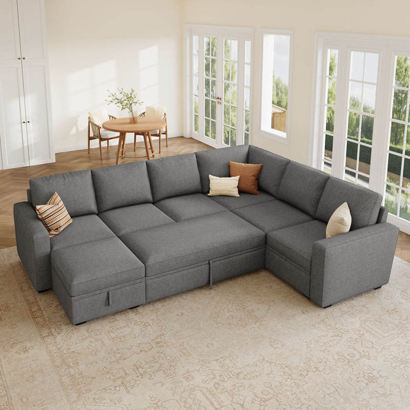 Niyona U Shaped Sleeper Sectional Modular Sofa Bed With Storage Chaise, Gray Polyester