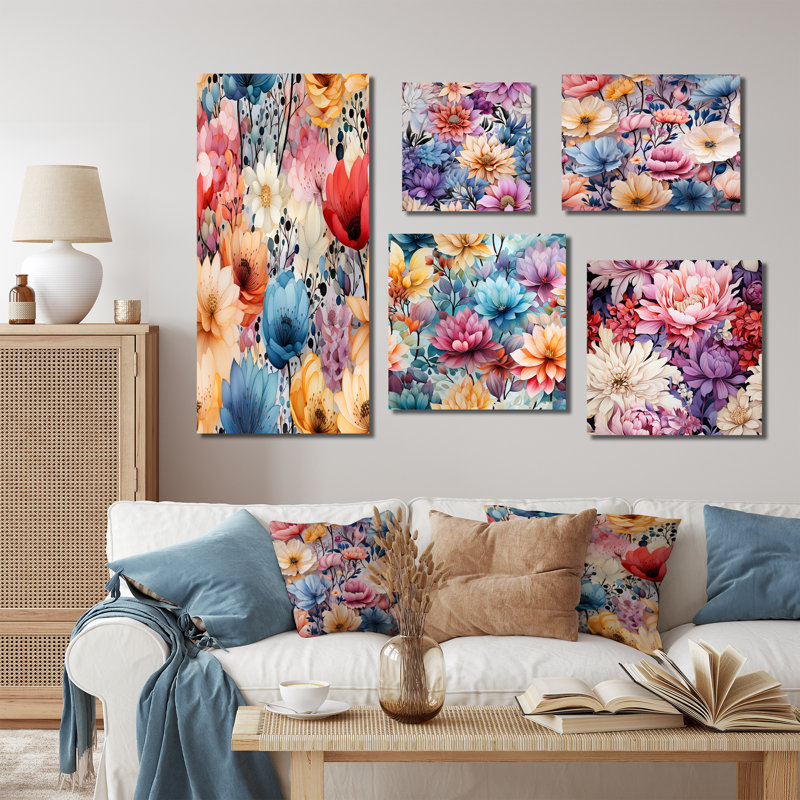 Etter - Ensemble de 5 impressions sur toile florales, Toile tendue