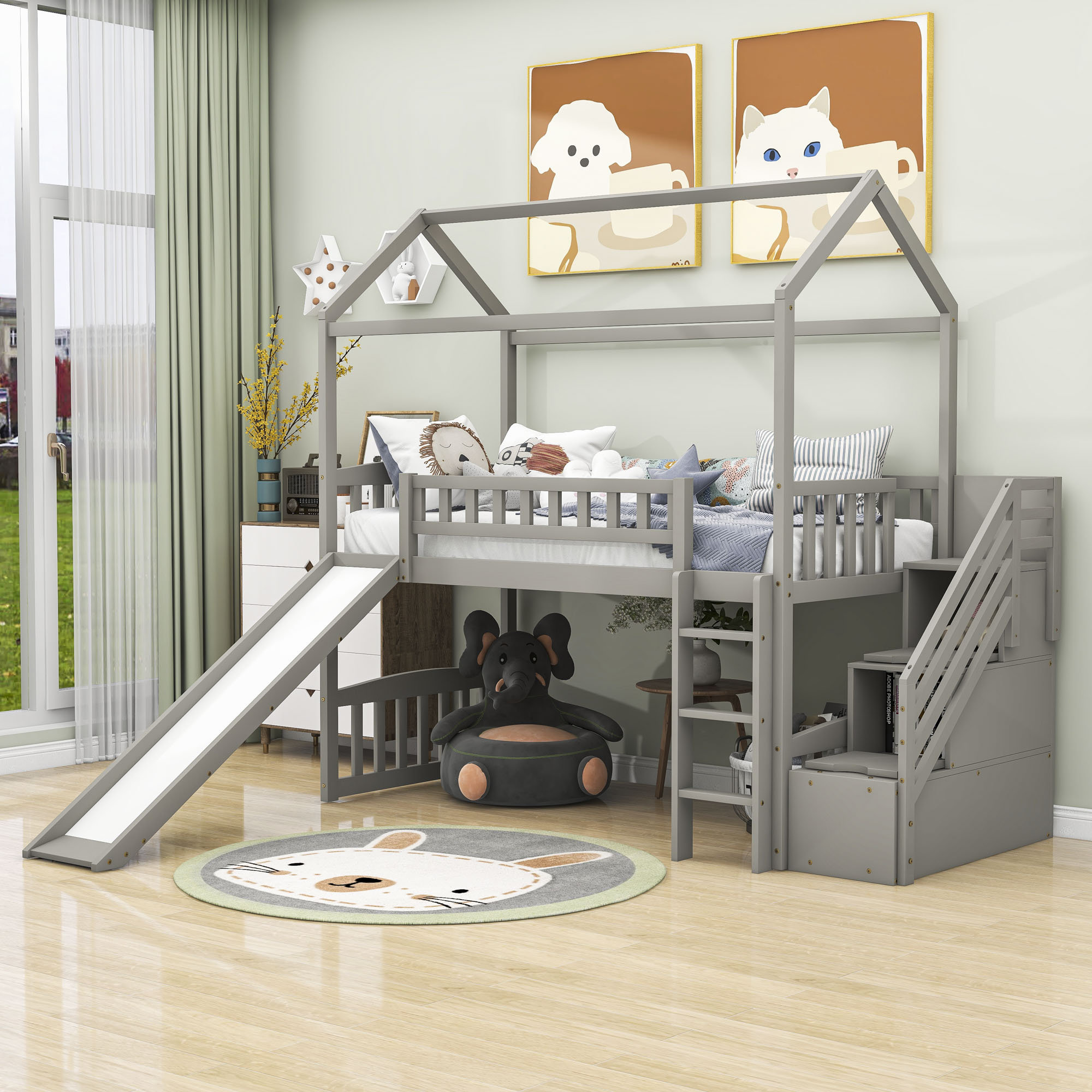 Twin Size Loft Bed with Wardrobe and Staircase, Wood Loft Bed