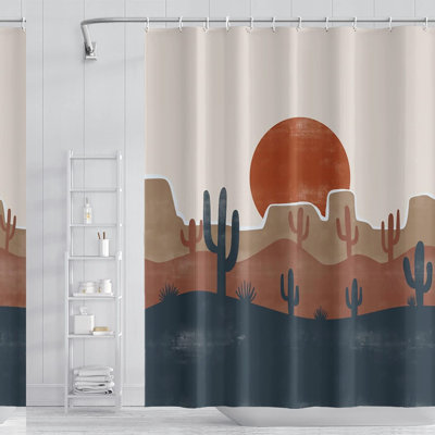Mid Century Boho Desert Cactus Shower Curtain - Red Sun, Waterproof Polyester