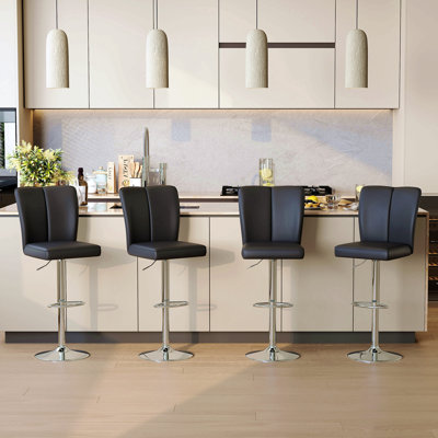 PU Bar Stool Set - 2-Piece, Featuring Vertical And Smooth-Lined Backrests With Trumpet-Shaped Silver Metal Legs