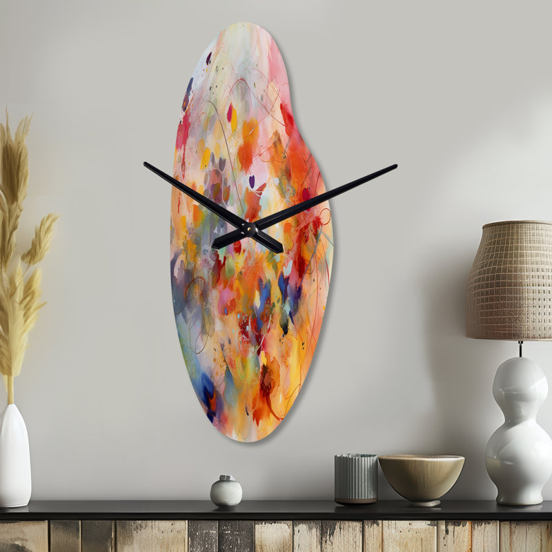 Colorful Transformations Of Flow II - horloge murale incurvée à encre liquide, horloge murale asymétrique orange, Médium