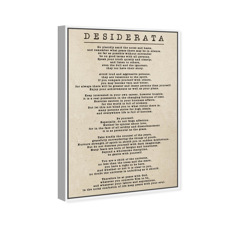 «Desiderata Parchment» par Oliver Gal - Art textuel sur toile, Cadre flottant blanc, H 24 po x l 16 po