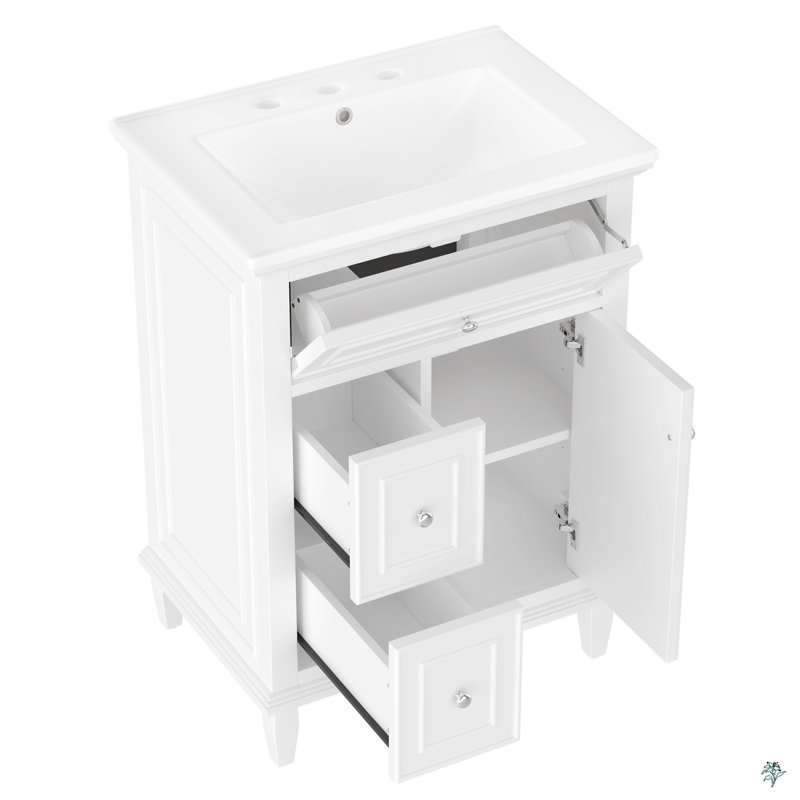 Meuble-lavabo 24 po avec lavabo, un tiroir rabattable et deux tiroirs, tablette réglable, bois massif et panneau de fibres à densité moyenne