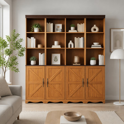 Armoire de rangement combinée 4-en-1, bibliothèque en panneau de fibres à densité moyenne à grain de bois 3D, casiers de présentation ouverts et armoires fermées avec tablette réglable, bibliothèque à combinaison libre pour le bureau d'étude de salon