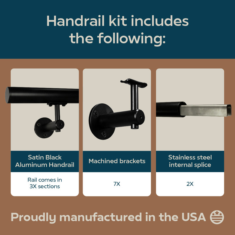 Industrial Aluminum 1.5 Inch Round Complete Indoor/Outdoor Handrail Grab Bar Kit, 216" W, Black