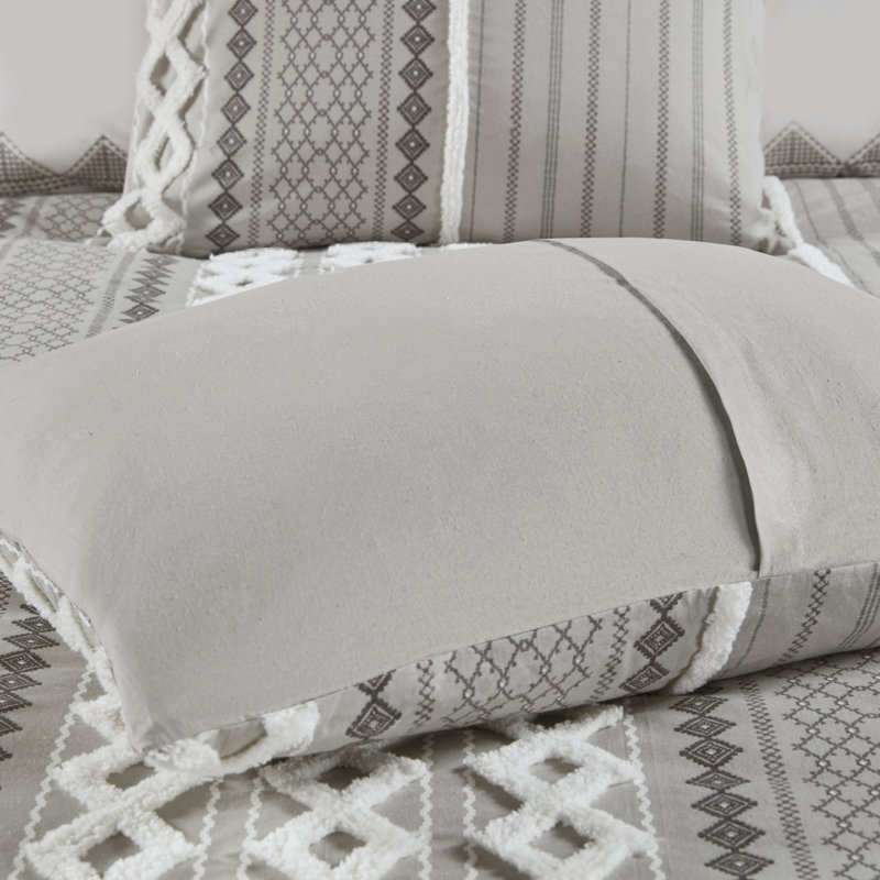 Gray Geometric Cotton King Comforter Set with Frayed Embellishments