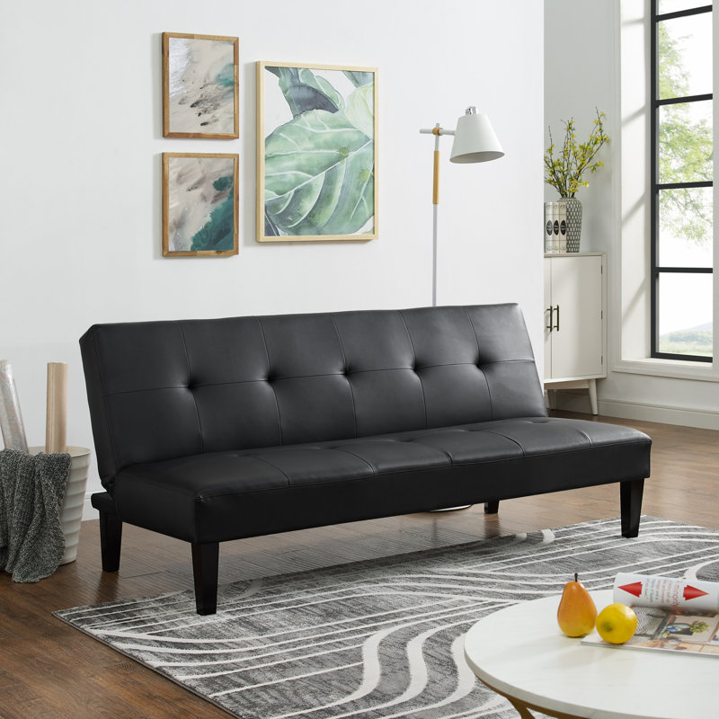 Armaquis Twin 66'' Faux Leather Convertible Sofa, Black Faux Leather