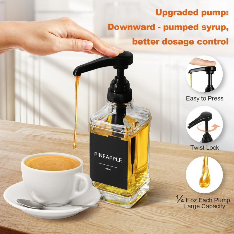 Coffee Syrup Dispenser, 10 Fl Oz/300Ml Syrup Pump Dispenser For Coffee Bar Accessories & Essentials, Small Square Glass Syrup Bottle, Simple Maple Syrup Bottles With 1/4Oz Large Capacity Pump
