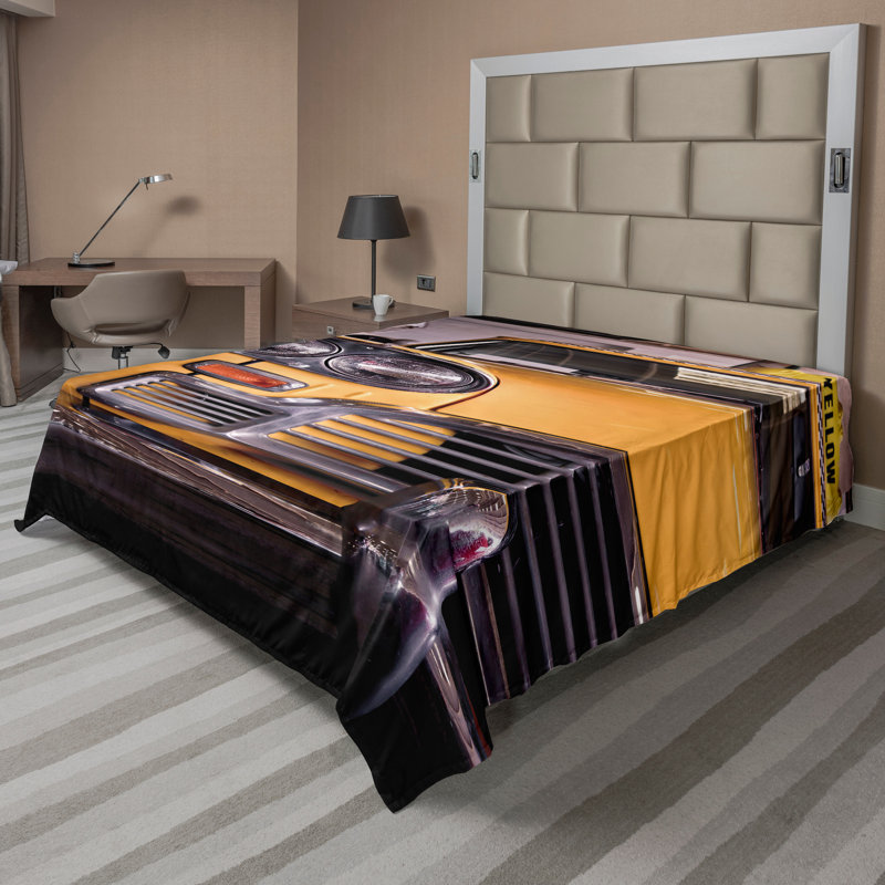Ambesonne New York Top Flat Sheet Antique Yellow Taxi Yellow Grey, California King Flat Sheet