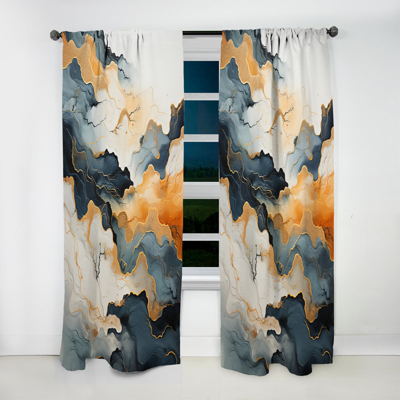 Innisfree Abstract Orange And Blue River Ink II - Abstract Marble Curtain - Velvet Room Darkening - 1 panel, 52" W x 90" L