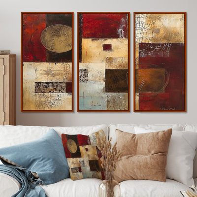 Golden Moon Cubist Abstract Faded Red - Geometric Wall Art Decor Set