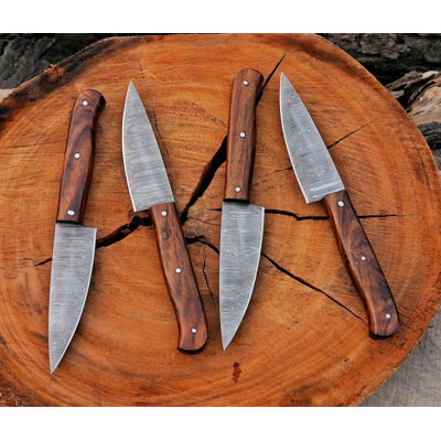 4 Pcs Steak Knife Set Handmade Damascus Steel Blade Rose Wood Handle 9"