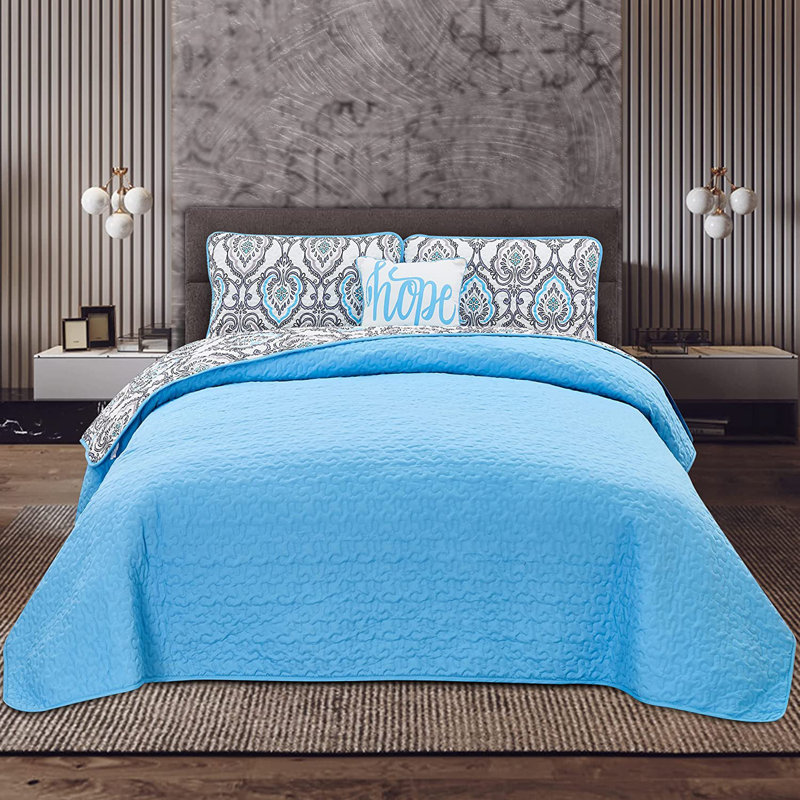Jade Blue Reversible Twin Microfiber Quilt Set